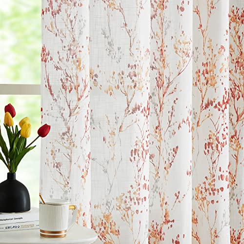 "White Semi Sheers Curtains with Red Orange Tree Branch Print Pattern Window Curtains for Living-Room 84"" Grommet Top Privacy Curtain Drapes Watercolor Design Curtain Panels 2 pcs"