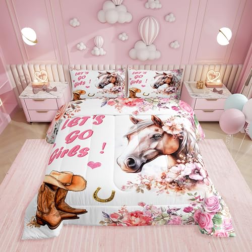 Erosebridal Horse Twin Comforter Set,Western Cowgirl Boots Bedding Sets for Girls Kids Teen,Wild West Farm Horse Quilt Bed Set,Rustic Country Floral Bedroom Decor,1 Pillowcase Lightweight