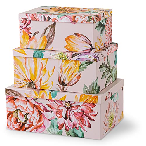 Soul & Lane Sturdy Decorative Cardboard Storage Boxes with Lid for Home Decor - Beauty in Bloom - Set of 3 - Cardboard Boxes for Cards, Envelopes, Pictures