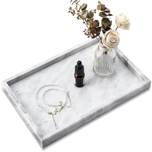 Zilukar Real Natural Marble Tray for Bathroom, Vanity, Kitchen and Desktop, Rectangle Genuine Marble Stone Tray for Jewelry, Cosmetics, Candles, Lotion, Perfume and Home Decor