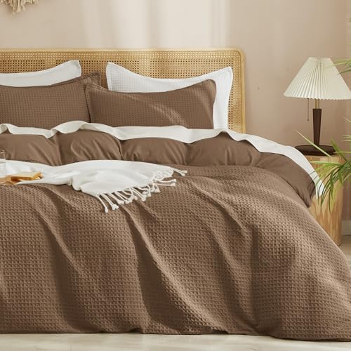 "PHF Waffle Duvet Cover Set California King, No Snagging Ultra Soft Luxury Textured Breathable Comforter Cover for All Season 3pcs, Durable Bedding Duvet Set with 2 Pillow Shams, 104""x98"", Cocoa Brown"
