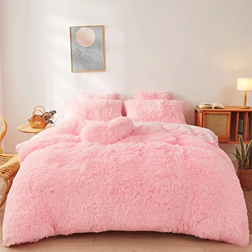 NP FOPPA Luxury Faux Fur Comforter Cover Set Ultra Soft Plush Bedding Sets 3 Pieces (1 Faux Fur Duvet Cover + 2 Faux Fur Pillow case) Zipper (Light Pink, Queen)