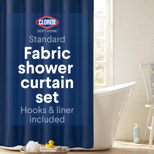 Clorox 100% Polyester Shower Curtain Set with Waterproof PEVA Liner and 12 Metal Hooks (Midnight Blue)