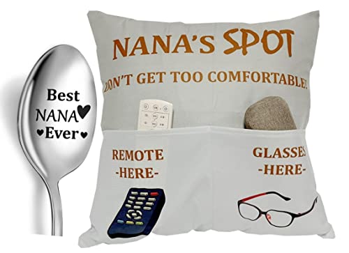 CYMROK Nana Gifts Grandma Gifts, 2-Pocket Nana Throw Pillow Covers 18x18 Inch and Engraved Spoon Birthday Christmas Stocking Stuffers Valentine's Day Gifts for Granny Gigi Mimi Grandmother
