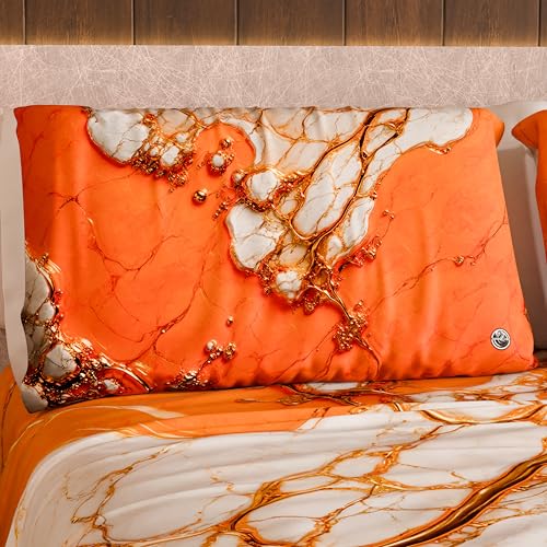 MARBLELIZED – Pair of Pillow Cases for Bed 50 x 80 cm, Printed Front/Back, Pillowcases, Pair of Elegant Orange Marble Effect Pillowcases, Gift Idea, 100% Made in Italy