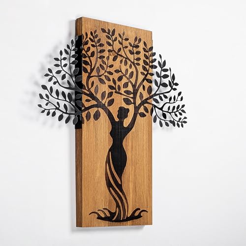 Elegant Decorative Wooden Wall Accessory, 54 x 58 cm, 50% Wood (3 cm Thick) & 50% Metal, Unique Walnut & Black Finish, Perfect for Modern Decor