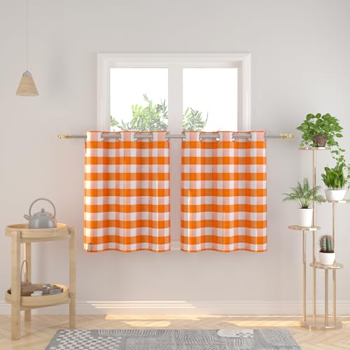 NATUS WEAVER Tier Curtains 30 inches Long Buffalo Check Gingham Plaid Kitchen Window Curtain Panels Small Short Bathroom Grommet Top Window Treatment 2 Panels Orange and White