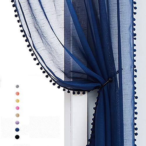 "Treatmentex Pom-Pom Blue Sheer Curtains for Bedroom 63"" Window Drapes Rod Pocket Textured Sheer Curtain Panels for Boy's Room Navy 52"" w 2 pcs"