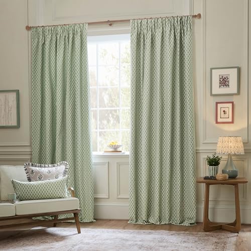 Sanderson Hutton Room Darkening Pencil Pleat Curtain Pair – Ikat Woven Jacquard Lined Drapes (Sage - 168x229cm)