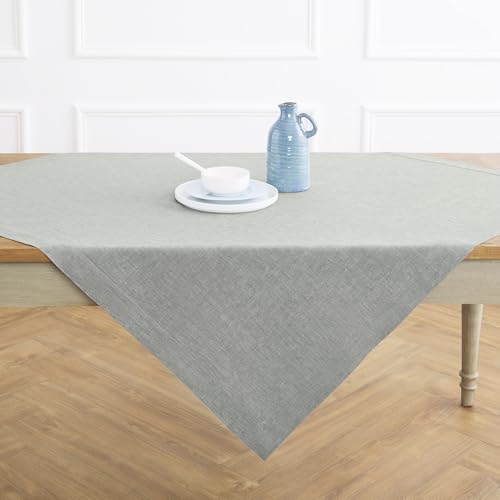 Solino Home Linen Cloth Tablecloth 52 x 52 Inch - 100% Pure Linen Chambray Grey Square Tablecloth - Athena, Machine Washable Table Throw for Fall, Autumn, Thanksgiving