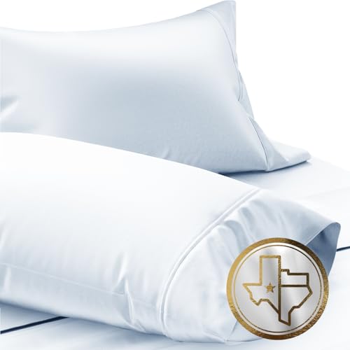 TEXAS LINEN CO. Luxury Egyptian Cotton King Light Blue Pillow Cases Set of 2-1000 Series Lonestar Lovin' Collection Pillowcases for Sleeping, Cooling Extra Long Staple Sateen Bed Pillow Cover