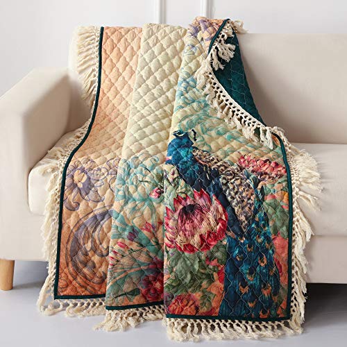 Barefoot Bungalow Eden Peacock Quilted Throw Blanket White 50x60-inch