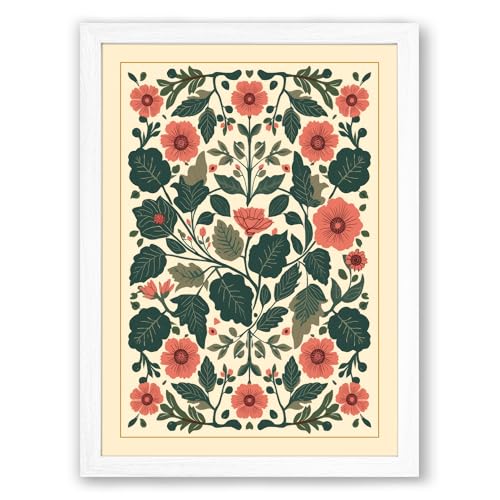 Symmetrical Floral Tapestry Botanical Framed Wall Art Print A3 (42×29.7cm) White, Wall Decor for Living Room, Bedroom, Office & Home, Ready to Hang, Art Gift