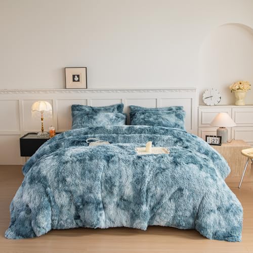chovy Faux Fur Tie-Dyed Blue White Colorful Comforter Sets Queen - 3PC Bed Set Ultra Soft Plush Flannel Velvet Fluffy Fuzzy Bedding???Comforter x 1 Pillowcases x 2???