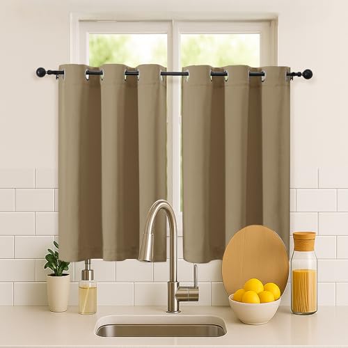 Simplebrand Taupe Short Cafe Curtains 36 Inch Length 2 Panels Set, Half Window Grommet Privacy Drape Tiers for Kitchen, Thermal Insulated Room Darkening Curtains for Bathroom Shades, W40 x L36