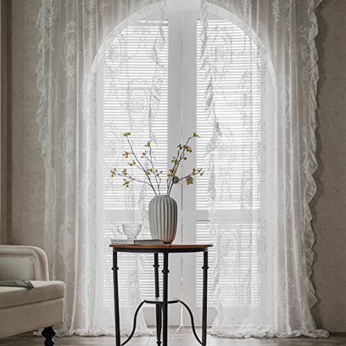 Sutuo Home White Lace Curtains 90 Inches Long, Vintage Embroidered Floral Rose Sheer Curtains for Bedroom Living Room, Privacy Country Rustic Windows Treatment Pair, Rod Pocket, W57 x L90,2 Panels
