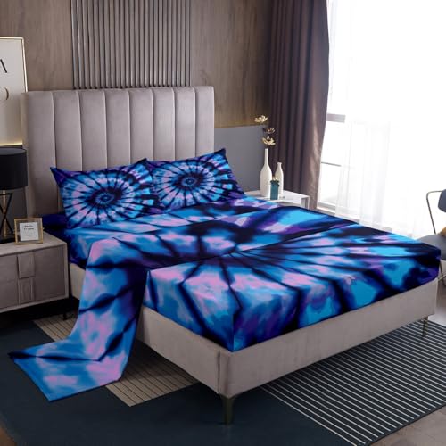 Erosebridal Purple Tie Dye Fitted Twin Size Sheet Set, Blue Spiral Tie Dye Sheet Set, Hippie Boho Bohemian Gypsy Bed Cover, Abstract Deep Pocket Fitted Sheet, 1 Top Sheet, 1 Pillowcase