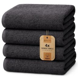 NatureMark 4-Piece Bath Towel Set – Soft & Absorbent Cotton Shower Towels for Everyday Use, Black, 70 x 140 cm