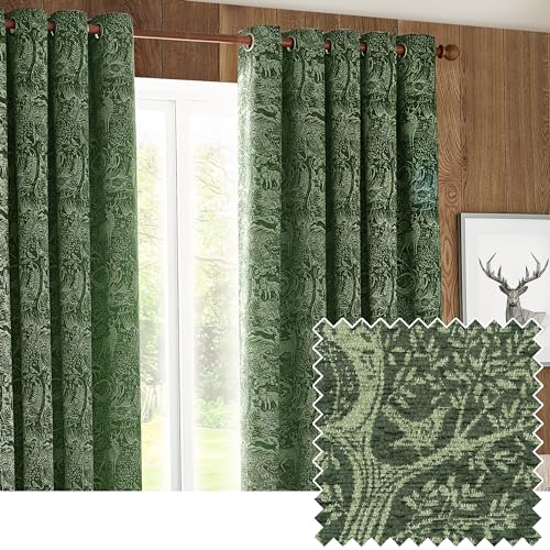 furn. Winter Woods Chenille Room Darkening Eyelet Curtains – Woodland Animals Pattern (Emerald - Width x Drop: 229 x 229cm / 90 x 90, 2 Panels)