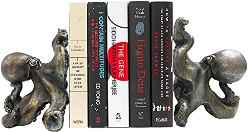 "Ebros Nautical Coastal Sea Monster Octopus Bookends Set Statue in Faded Bronze Antique Finish 6.25"" H Mythical Sea Giant Cthulhu Kraken Decorative Office Study-Room Library Desktop Decor Figurines"
