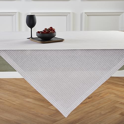 Solino Home 100% Pure Linen Table Cloth, Throw, 52 x 52 in, Natural Striped - for decor, party, Narrow natural white, indoor outdoor, gift, OEKO-TEX Certified - Fall, Halloween, Thanksgiving, Christmas
