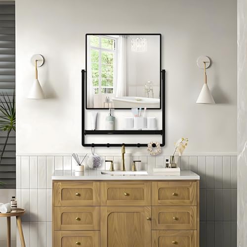 "WONSTART Wall Mirror with Shelf (Black-Square, 29.3"" X 21.7"") - Black Metal Framed Bathroom Mirror Adjustable & 10?? Rotation Wall Mounted Mirror with Shelf and Hooks for Hallway, Entryway"