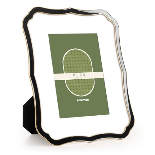 Axeman 8x10 Enamel Picture Frame with Mat for 5x7 Photo-Tempered Glass-8 x 10 Modern Ornate Photo Frame with Gold Metal Edge Velvet Back for Tabletop and Wall Mount Display, Black