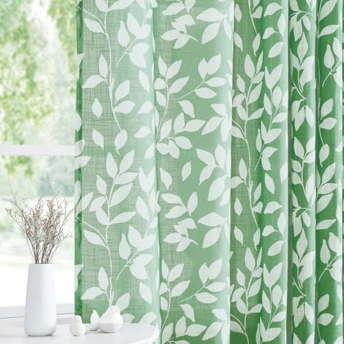 "Treatmentex White Print Curtains for Living Room 63"" Length Green Semi-Sheers Leaves Print Curtains for Windows, Grommet Top, 2 Pack"