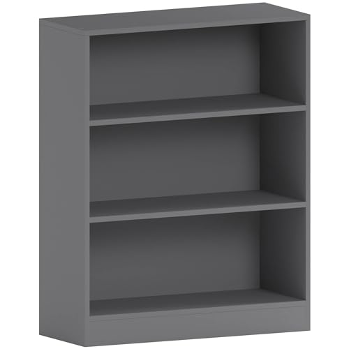Vida Designs Cambridge 3 Tier Low Bookcase, Grey Wooden Shelving Display Storage Unit Office Living Room Furniture
