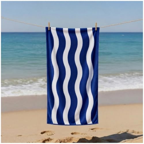 GC GAVENO CAVAILIA Wavy Stripe Beach Towels - Soft Microfibre Pool Towel, Highly Absorbent & Sand-Free - Lightweight Travel Beach Towel Quick Dry for Women & Men - (70 x 152 Cm) - Navy