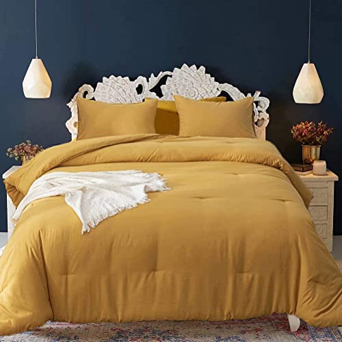 Cottonight Mustard Yellow Comforter Sets Full Dark Yellow Comforter Full Lightweight Cozy Mustard Bedding Comforter Sets with Inner Fill Soft Comfy Women Men