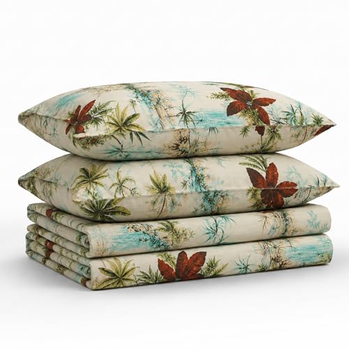 Tribeca Living Queen Bed Sheet Set, 300 Thread Count Soft Cotton Sateen, Floral Print with Extra Deep Pockets, 4-Piece Bedding Set, Paradise Island Multicolor