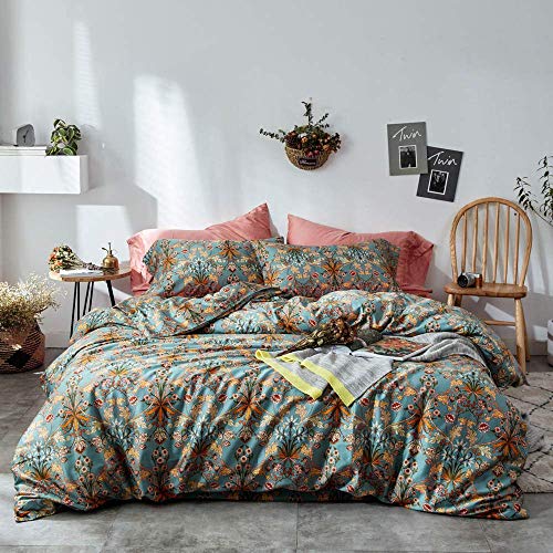 VM VOUGEMARKET Bohemia Duvet Cover Set King,3 Piece Long Staple Cotton Comforter Cover with Zipper Closure,Green Golden Elegant Bedding Set-Carol,King