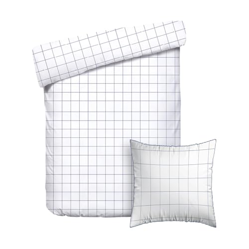 Pure Cotton 2-Piece Single Bed Linen – Duvet Cover 135 x 200 cm and Pillowcase 80 x 80 cm – 100% Cotton Satin, 80 Threads/cm², 120 GSM – Oeko-TEX Certified – Check – White/Blue
