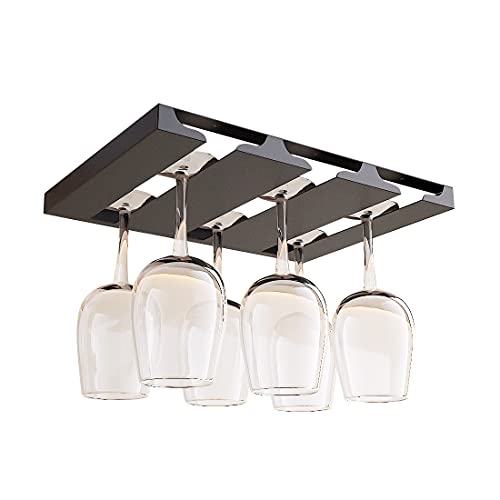 SIMVE Wine Glass Holder Under Shelf,Stainless Steel Stemware Rack for Cabinet,Glassware Drying Storage Hanger,Metal Hanging Organizer for Kitchen,Bar or Restaurant,Screw Mount,Matte Black,3 Row
