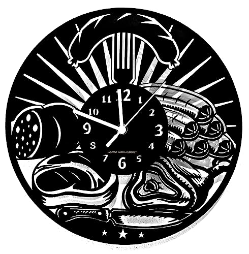 Instant Karma Clocks - Butcher Wall Clock – Meat, Sausages and Cleaver Design for Deli and Grill Enthusiasts – Silent No-Ticking - Perfect for Shop, Office, Studio – Unique Decoration
