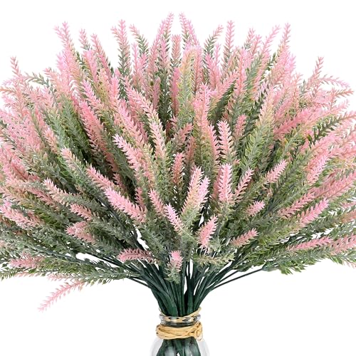 AWARDSEN 15 Bundles Artificial Lavender Outdoor Flowers Fake Plastic Flower Outside UV Resistant for Home Kitchen Garden Patio Porch Wedding Window Box Centerpieces Indoor Outdoor Decor(Pink)