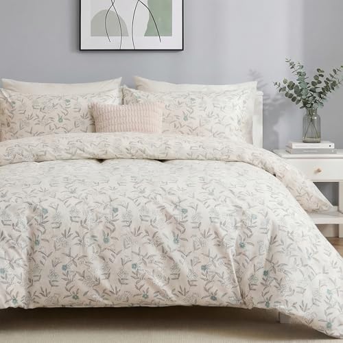 Cozaline 100% Cotton Floral Duvet Cover Set Queen Size Ultra Soft Breathable Blue Floral Grey Leaves Bedding Set for Women with Zipper Closure 3 Pcs Chic Reversible Duvet Cover for All Season