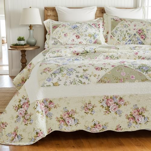 Brandream Patchwork Quilts Cotton Queen Size Country Rustic Rose Floral Bedding Coverlet Set 3-Piece Pale Yellow