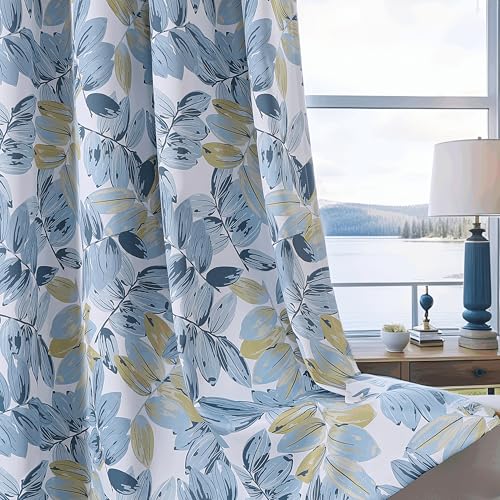 BROSHAN Blue Floral 100% Blackout Curtains 84 inches Long-Botanical Leaf Patterned Bedroom Curtains 2 Panel Sets Grommet Thermal Insulated Window Curtain Drapes for Living Room