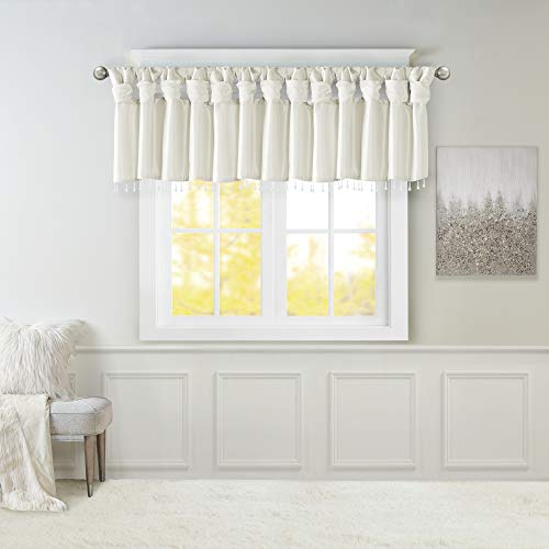 "Madison Park Emilia Faux Silk Valances for Windows with Beads, Elegant window valance, 50"" W X 26"" L, White"