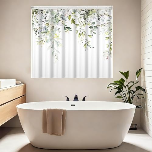 Green Eucalyptus Leaves Bathroom Window Curtain, Watercolor Greenery Plant Vines Floral Short Shower Window Curtains, Waterproof Fabric Small Curtain for Kitchen Bathroom Windows 40x36 Inch