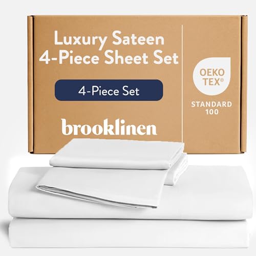 Brooklinen Luxury Sateen 4 Piece Sheet Set - 100% Cotton, Queen Size in White - 1 Fitted Sheet, 1 Flat Sheet, 2 Pillowcases - Best Luxury Sheets