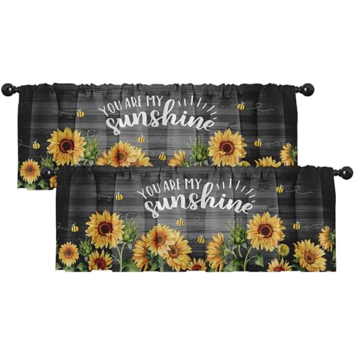 Emvency 2 Pack Valances Window Treatments, Sunflowers Bees Wooden Stripes Rustic Blackout Adjustable for Living Room Bathroom Bedroom Kitchen Over Sink, 18x52 Inch Rod Pocket Valances