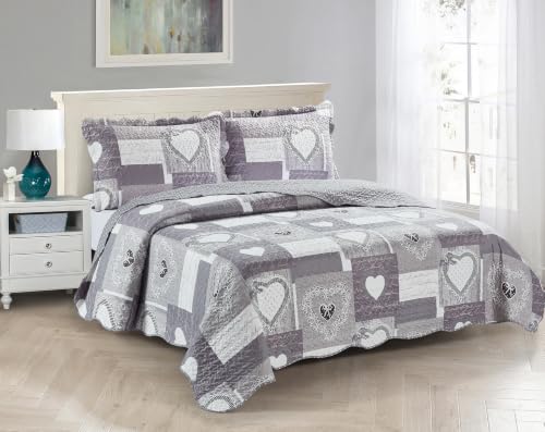 "Brilliant Sunshine Grey Heartlove Quilt, King Size - Soft Reversible Bedspread, Lightweight Coverlet with Shams, Washable Bedding Set, All Seasons, 108""x90""+2 20""x36"""