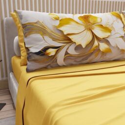 PETTI Artigiani Italiani - Cotton Sheets with Pillowcases in Digital Print, French Queen, Complete Top and Bottom Sheet with Corners, Floral 06 20 Yellow, 100% Made in Italy