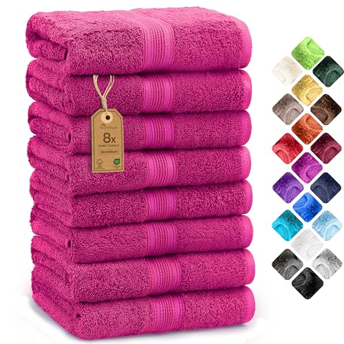 NatureMark 8 Hand Towels Set - 100% Cotton - Soft and Absorbent Bathroom Towels, Durable and Comfortable, Size 50 x 100 cm, Pink