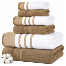 Modern Threads 6 Piece Set, 2 Bath Towels, 2 Hand Towels, 2 Washcloths, Quick Dry White/Contrast Reinhart Mustard