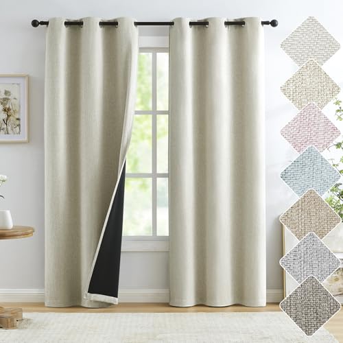 "Natural Full Blackout Linen Curtains 84 inch Long Thermal Insulated Noise Reducing Bedroom Drapes Rustic Farmhouse Triple Weave Window Treatment Set for Theatre, Nursery, 40""x84""x2, Beige"
