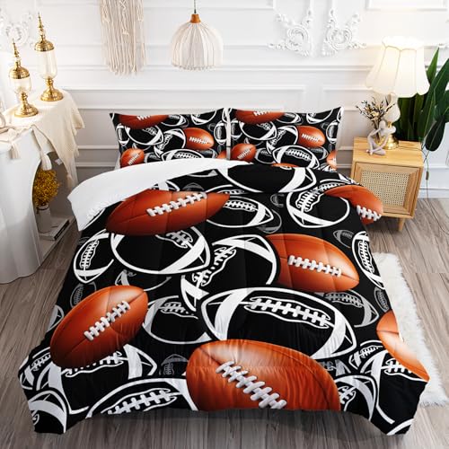 XYNHML Cartoon Sports Bedding Queen Set - 3 Pcs American Football Comforter and 2 Pillowcases - Brown Rugby Theme with Black and White Quilt